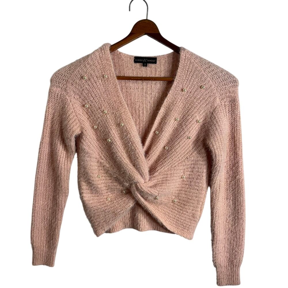 Almost Famous Womens Pink Sweater Size Medium M Pearl Twist Front